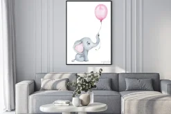 Plakat: Akwarelowa ilustracja słonika z różowym balonem