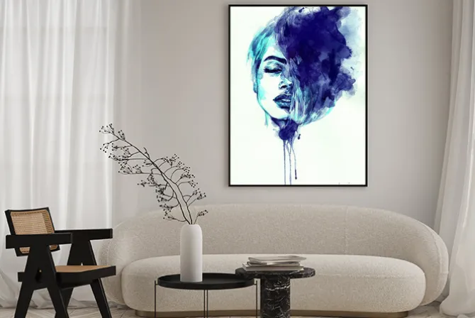 Plakat: Akwarelowa kobieca twarz w odcieniu niebieskiego i granatu