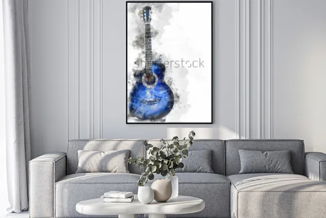 Plakat: Akwarelowa niebieska gitara
