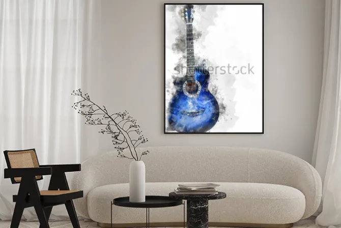 Plakat: Akwarelowa niebieska gitara