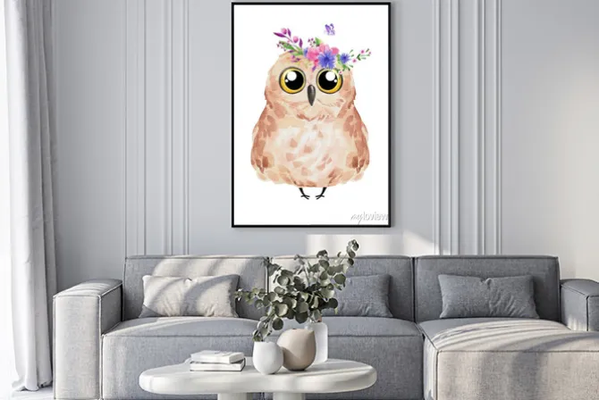 Plakat: Akwarelowa sowa z kwiatami i motylem dla dzieci