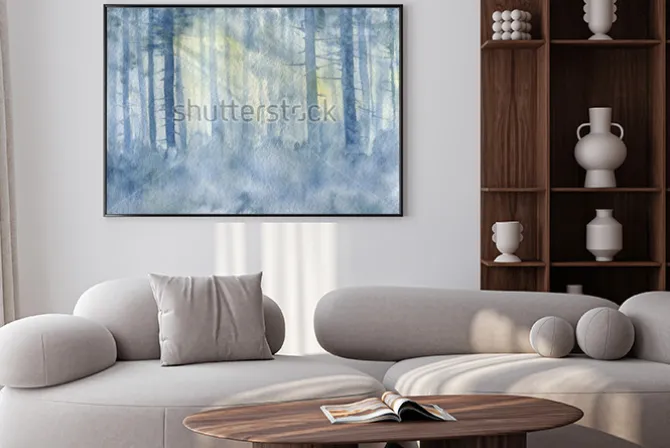 Plakat: Akwarelowy las z przebijającym się przez drzewa słońcem