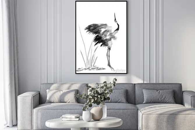 Plakat: Akwarelowy żuraw w stylu japońskim