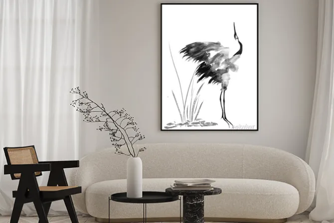 Plakat: Akwarelowy żuraw w stylu japońskim