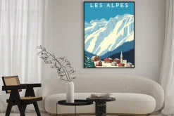 Plakat: Alps travel retro poster, vintage banner. mountain village of
