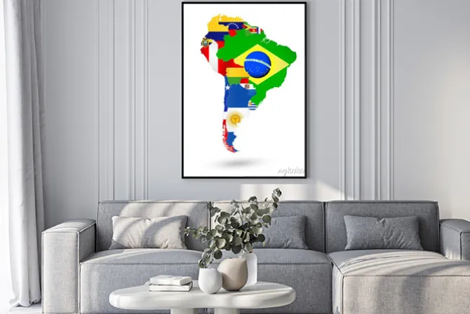 Plakat: Ameryka południowa mapa z flagami i umieszczeniem na mapie świata
