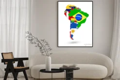 Plakat: Ameryka południowa mapa z flagami i umieszczeniem na mapie świata