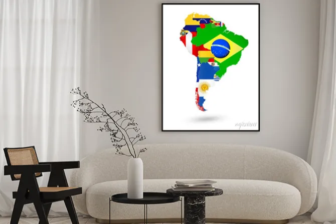 Plakat: Ameryka południowa mapa z flagami i umieszczeniem na mapie świata