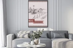 Plakat: Amerykański gospodarstwa dom, stodoła i pastwisk wektor szkic.