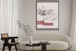 Plakat: Amerykański gospodarstwa dom, stodoła i pastwisk wektor szkic.