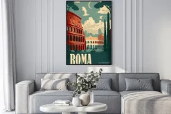 Plakat: An vintage 1950s rome poster featuring the colosseum and pantheon