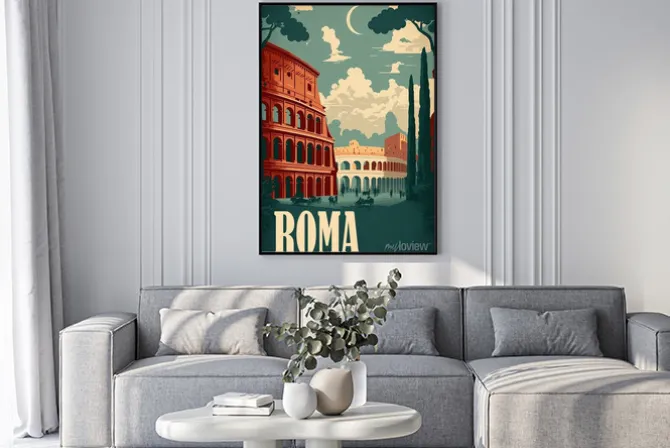 Plakat: An vintage 1950s rome poster featuring the colosseum and pantheon