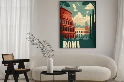 Plakat: An vintage 1950s rome poster featuring the colosseum and pantheon