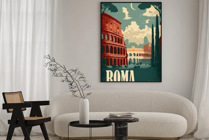 Plakat: An vintage 1950s rome poster featuring the colosseum and pantheon