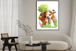 Plakat: Animals of the forest together on a big tree. bear, moose, rabbit,