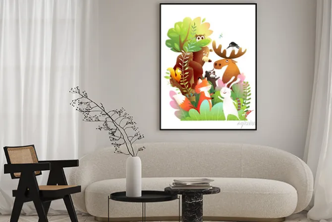 Plakat: Animals of the forest together on a big tree. bear, moose, rabbit,