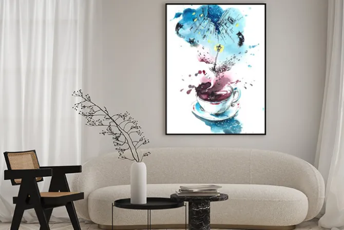 Plakat: Artystyczne przedstawienie filiżanki kawy i miasta