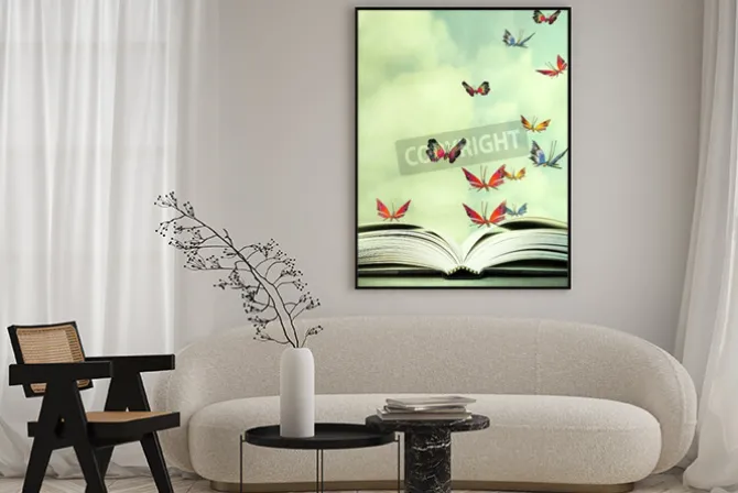 Plakat: Artystyczny obraz otwartej książki i kolorowe motyle, które unoszą