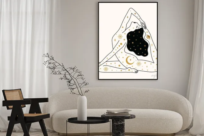 Plakat: Artystyczny rysunek kobiety ćwiczącej jogę