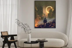 Plakat: Astronauta stojący w spalonym mieście i patrzący na żółty świecący