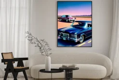 Plakat: Auta retro na drodze ilustracja