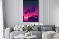 Plakat: Auto i neonowe miasto w stylu grafiki retro