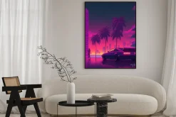 Plakat: Auto i neonowe miasto w stylu grafiki retro