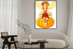 Plakat: Autumn fairy girl sitting on pumpkin