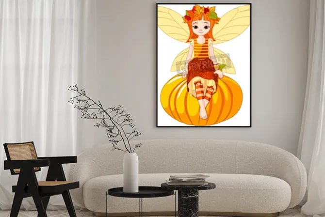 Plakat: Autumn fairy girl sitting on pumpkin