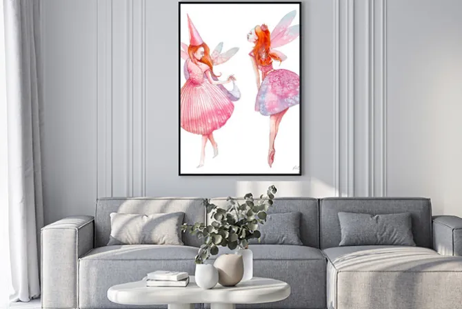 Plakat: Bajkowe wróżki na akwarelowym malunku