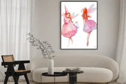 Plakat: Bajkowe wróżki na akwarelowym malunku