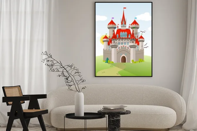 Plakat: Bajkowy zamek. ilustracji wektorowych wyobraźni dziecka. pejzaż