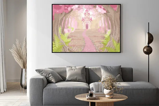 Plakat: Bajkowy zamek w magicznej różowej krainie