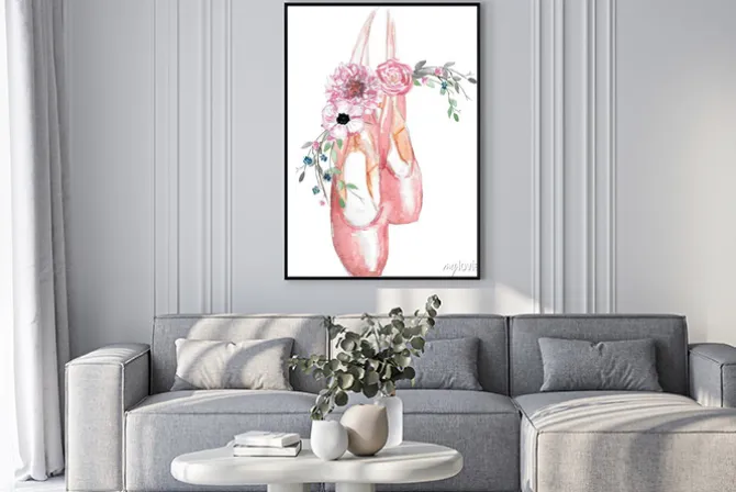 Plakat: Baletki z kwiatami w stylu akwareli