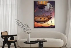 Plakat: Baśniowy balon na tle księżyca i latających wysp