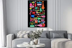 Plakat: Barwne instrumenty muzyczne na czarnym tle