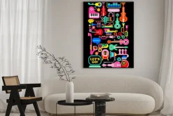 Plakat: Barwne instrumenty muzyczne na czarnym tle