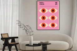 Plakat: Bauhaus czerwone oczy na różowym tle abstrakcja