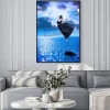 Plakat: Beautiful girl jumping into the blue night sky with white egret