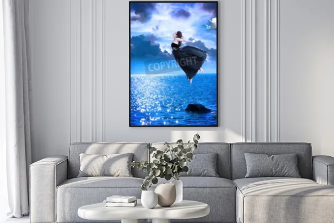 Plakat: Beautiful girl jumping into the blue night sky with white egret