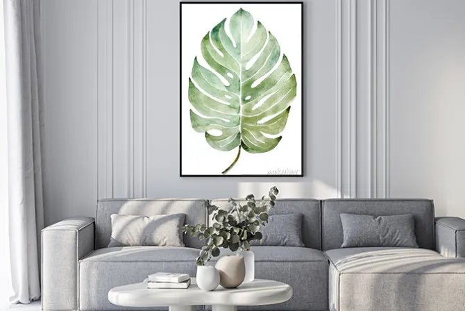 Plakat: Beautiful watercolor tropical leaf painted on white paper, top