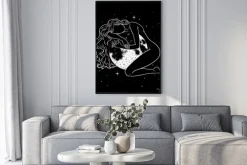 Plakat: Beautiful woman hugging full moon in space, magic theme, goddess