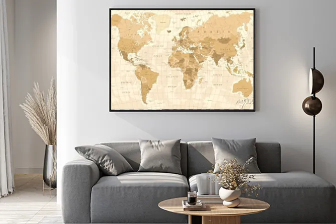 Plakat: Beżowa polityczna mapa świata z cieniowaniem