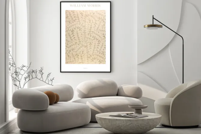 Plakat: Beżowe liście roślinny motyw dekoracyjny w stylu william morris