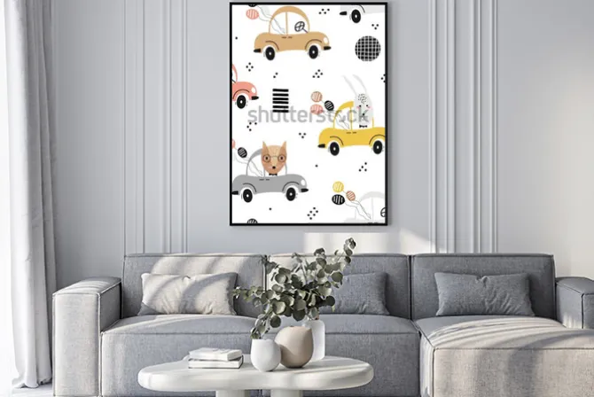 Plakat: Bezszwowy dziecko wzór z ślicznym lisem, królik w samochodzie.
