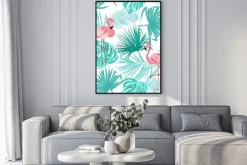 Plakat: Bezszwowy wzór flaming, opuszcza monstera. tropikalne liście