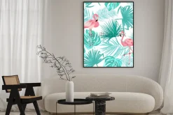 Plakat: Bezszwowy wzór flaming, opuszcza monstera. tropikalne liście