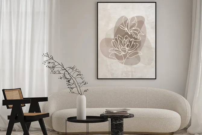 Plakat: Białe kwiaty w stylu lineart na akwarelowym beżowym tle