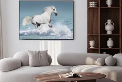 Plakat: Biały koń arabski prowadzony galop w fale w oceanie