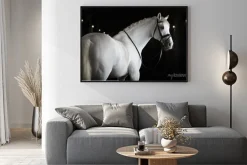 Plakat: Biały koń na czarnym tle